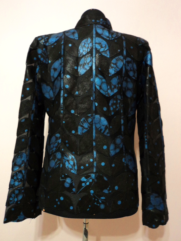 Womens Blue Spotted Black Leather Leaf Jacket