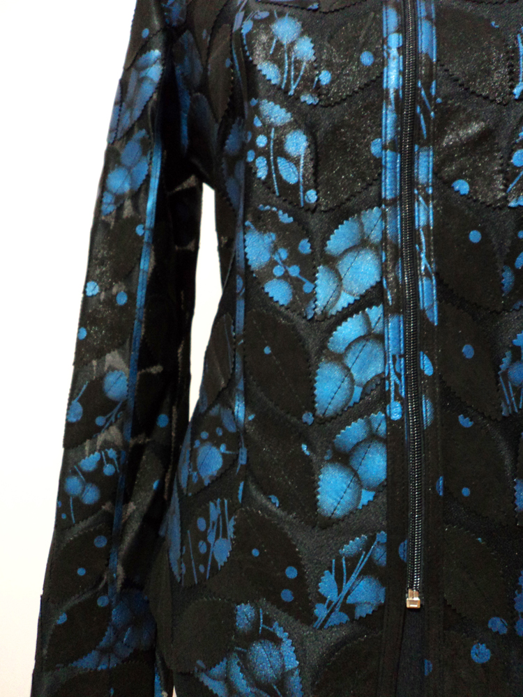 Womens Blue Spotted Black Leather Leaf Jacket