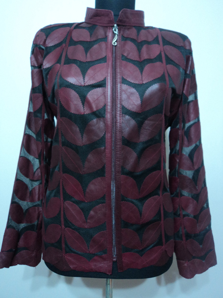 Burgundy Leather Leaf Jacket for Women [ Click to See Photos ]