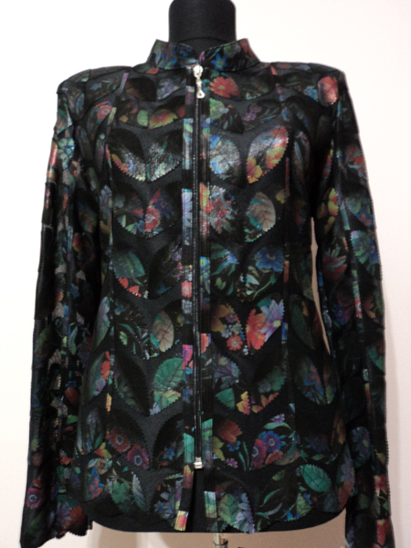 Flower Pattern Black Leather Leaf Jacket for Women