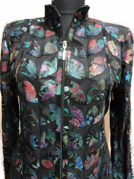 Womens Flower Pattern Black Leather Leaf Jacket