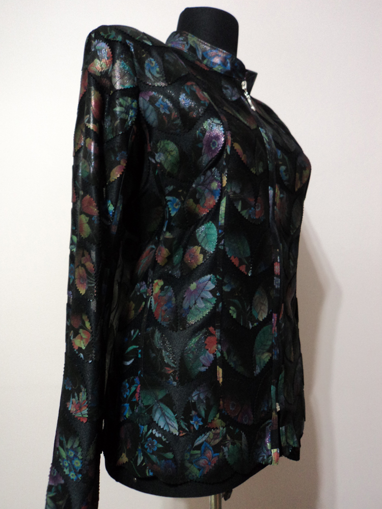 Womens Flower Pattern Black Leather Leaf Jacket