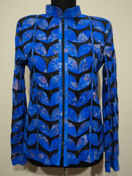 Womens Flower Pattern Blue Leather Leaf Jacket