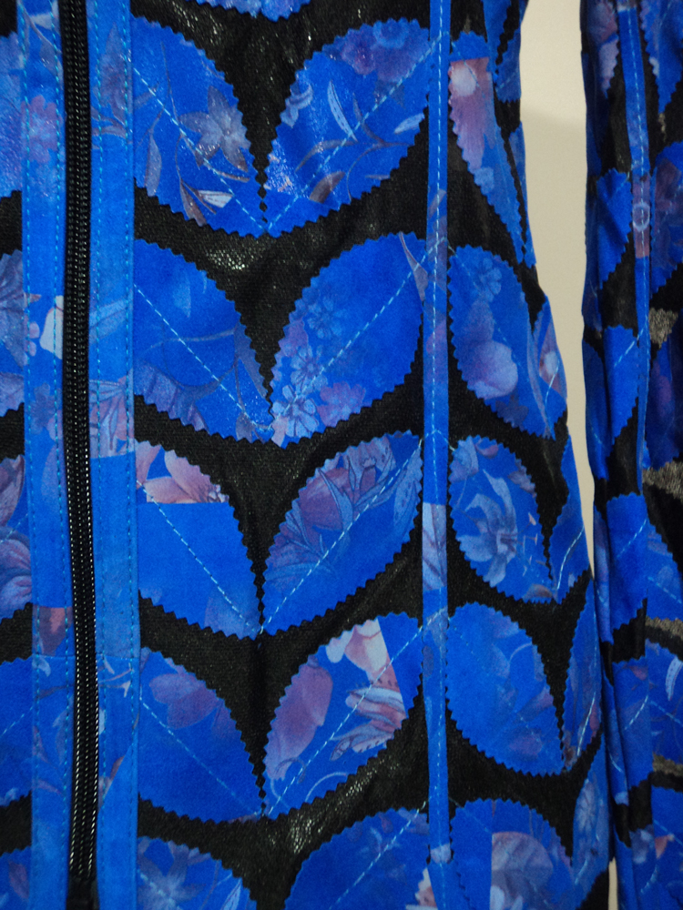 Womens Flower Pattern Blue Leather Leaf Jacket