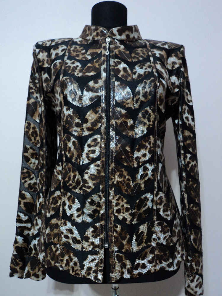 Womens Leopard Pattern Black Leather Leaf Jacket