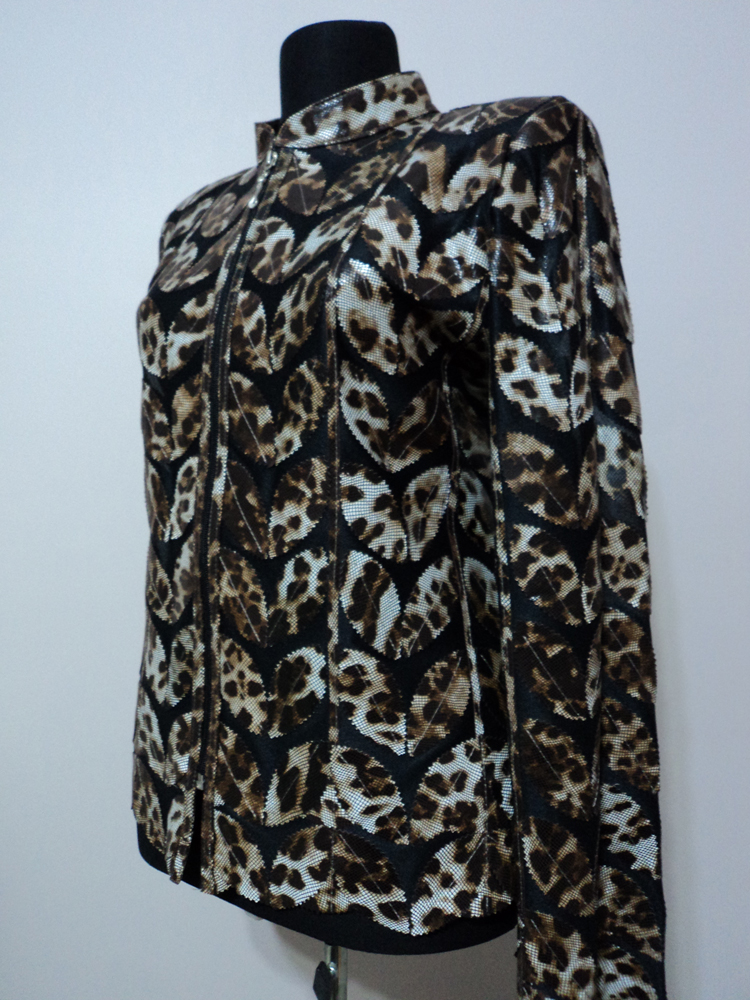 Womens Leopard Pattern Black Leather Leaf Jacket