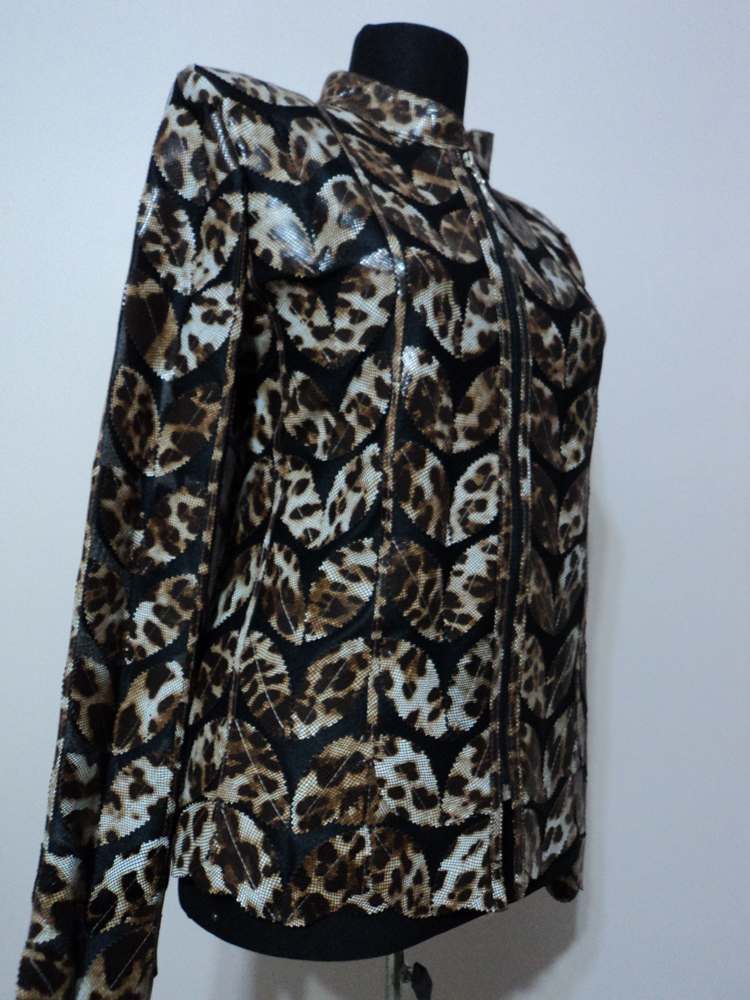 Womens Leopard Pattern Black Leather Leaf Jacket