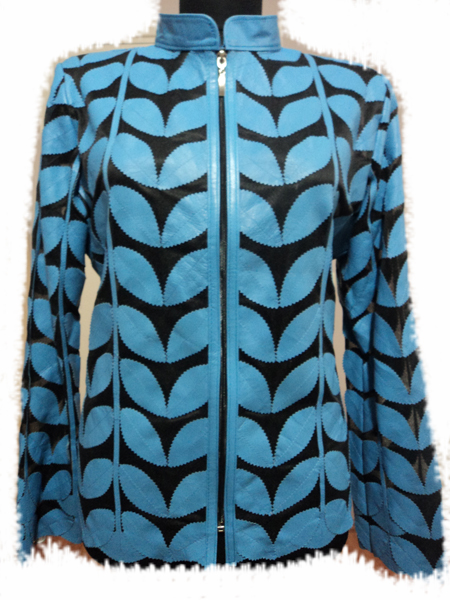 Light Ice Baby Blue Leather Leaf Jacket for Women