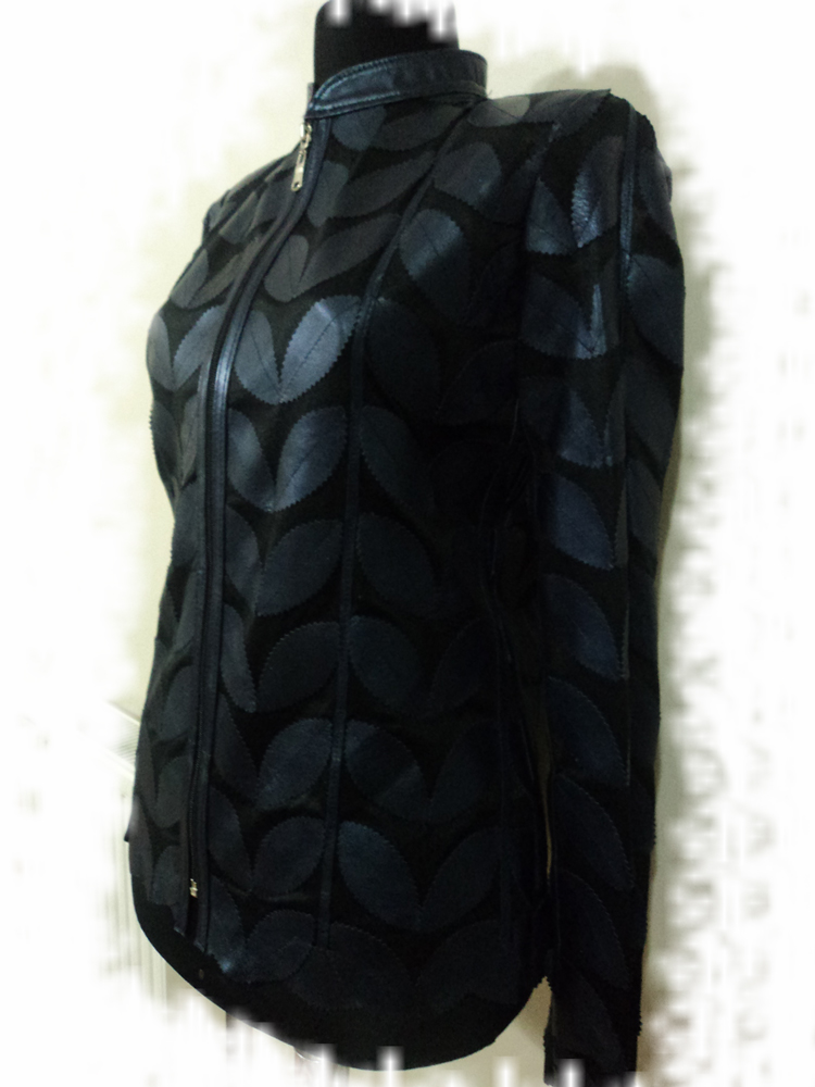 Womens Navy Blue Leather Leaf Jacket