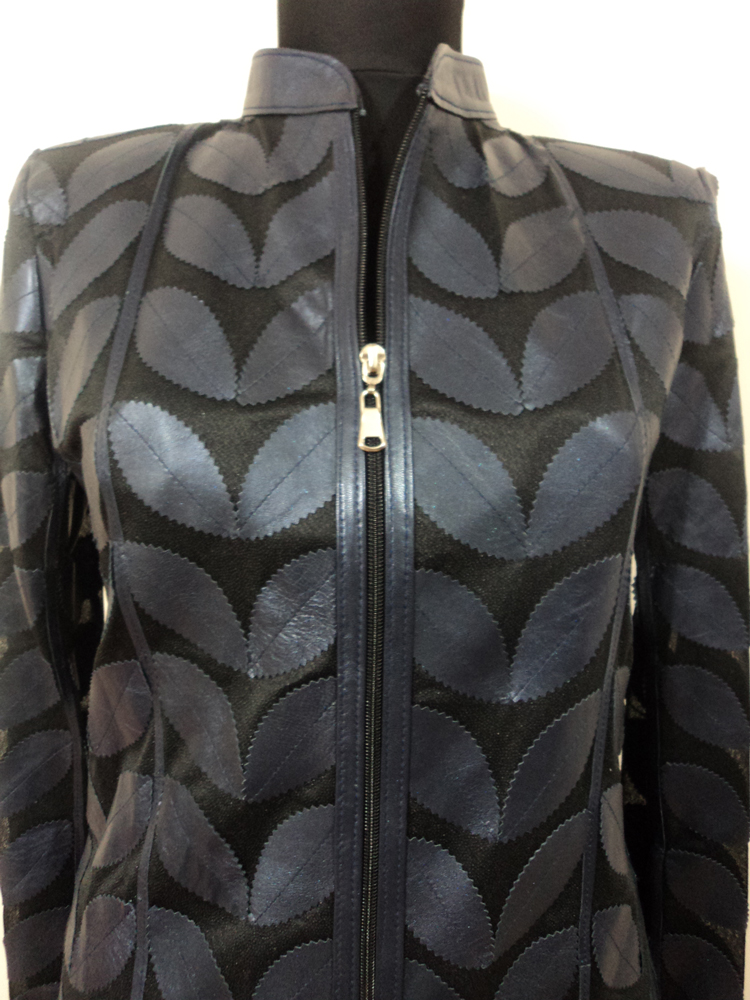 Womens Navy Blue Leather Leaf Jacket