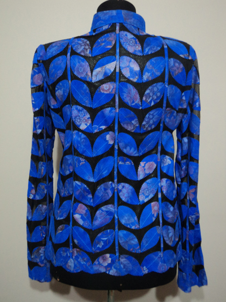 Womens Plus Size Flower Pattern Blue Leather Leaf Jacket