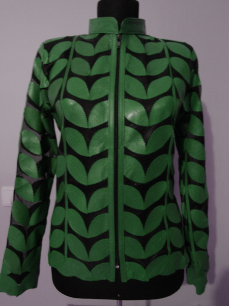 Womens Plus Size Green Leather Leaf Jacket