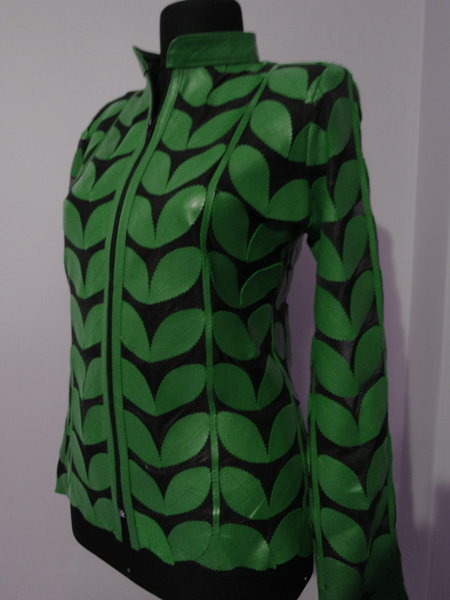 Womens Plus Size Green Leather Leaf Jacket