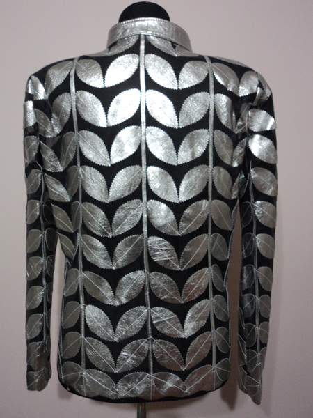 Womens Plus Size Shiny Silver Gray Leather Leaf Jacket