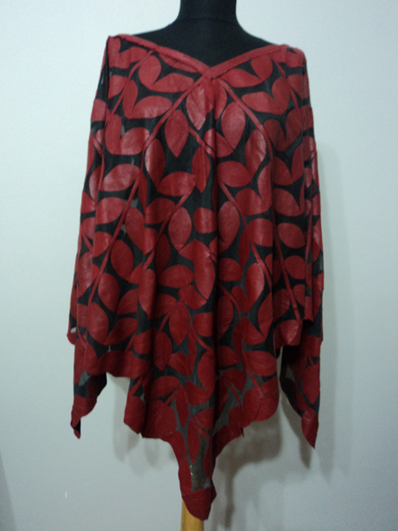 Womens Red Leather Leaf Poncho