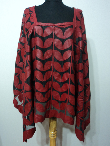 Womens Red Leather Leaf Poncho