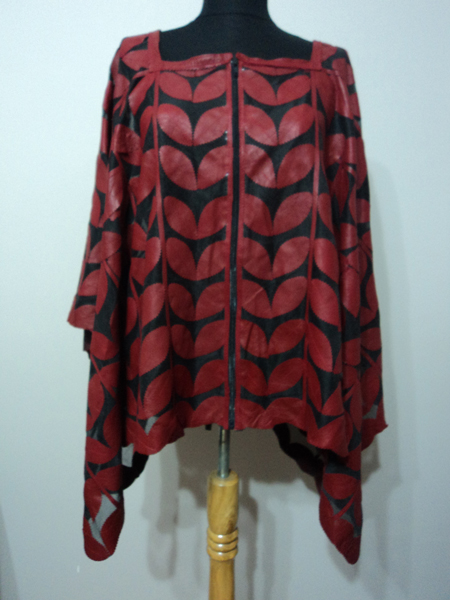 Womens Red Leather Leaf Poncho