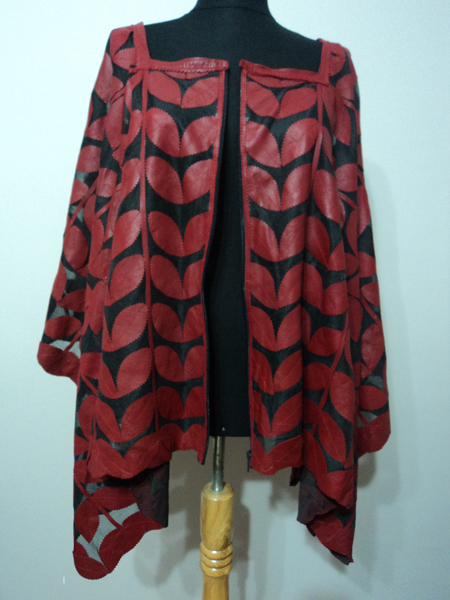 Womens Red Leather Leaf Poncho