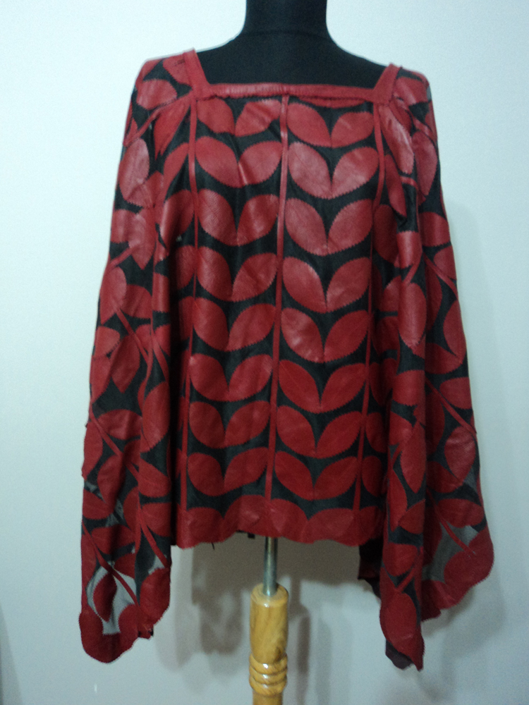 Womens Red Leather Leaf Poncho