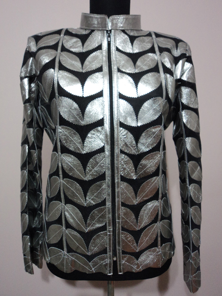 Shiny Silver Gray Leather Leaf Jacket for Women [ Click to See Photos ]