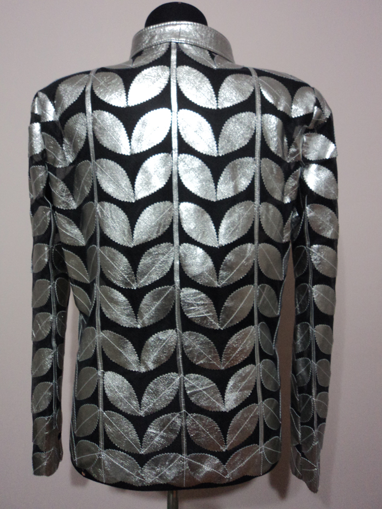 Womens Shiny Silver Gray Leather Leaf Jacket