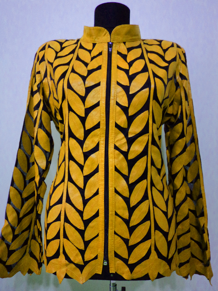 Yellow Leather Leaf Jacket for Women Design 04 Genuine Short Handmade Lightweight Meshed