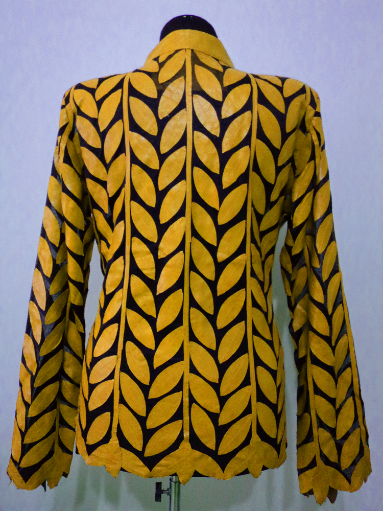 Yellow Leather Leaf Jacket for Women Design 04 Genuine Short Handmade Lightweight Meshed