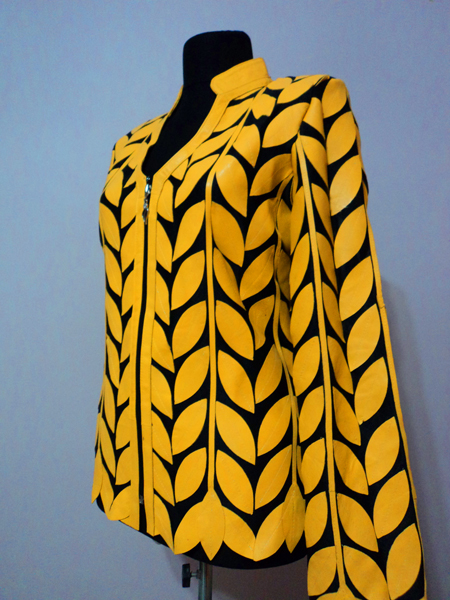 Yellow Leather Leaf Jacket Women Design Genuine Short Zip Up Light Lightweight