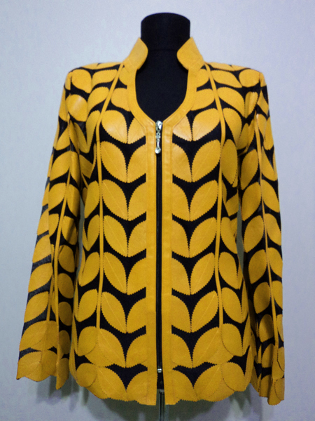 Yellow Leather Leaf Jacket Women Design Genuine Short Zip Up Light Lightweight