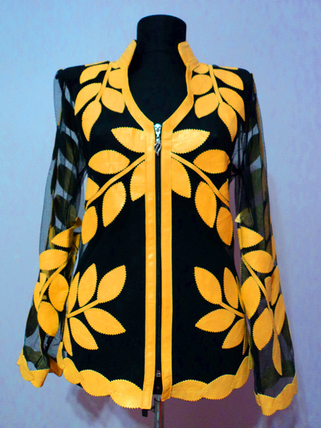 Yellow Leather Leaf Jacket Women Design Genuine Short Zip Up Light Lightweight