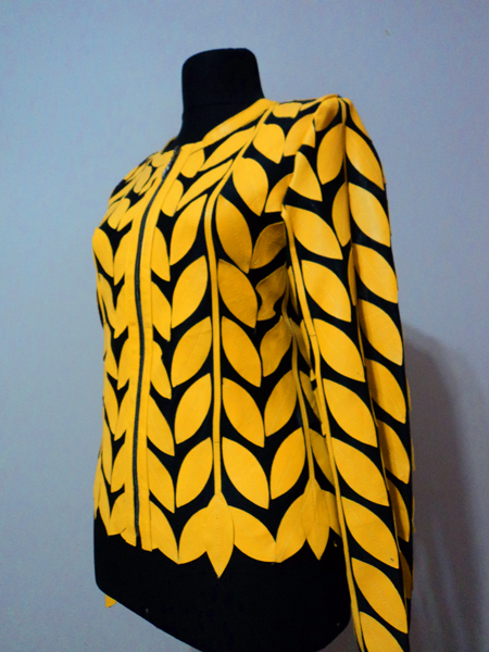 Yellow Leather Leaf Jacket Women Design Genuine Short Zip Up Light Lightweight