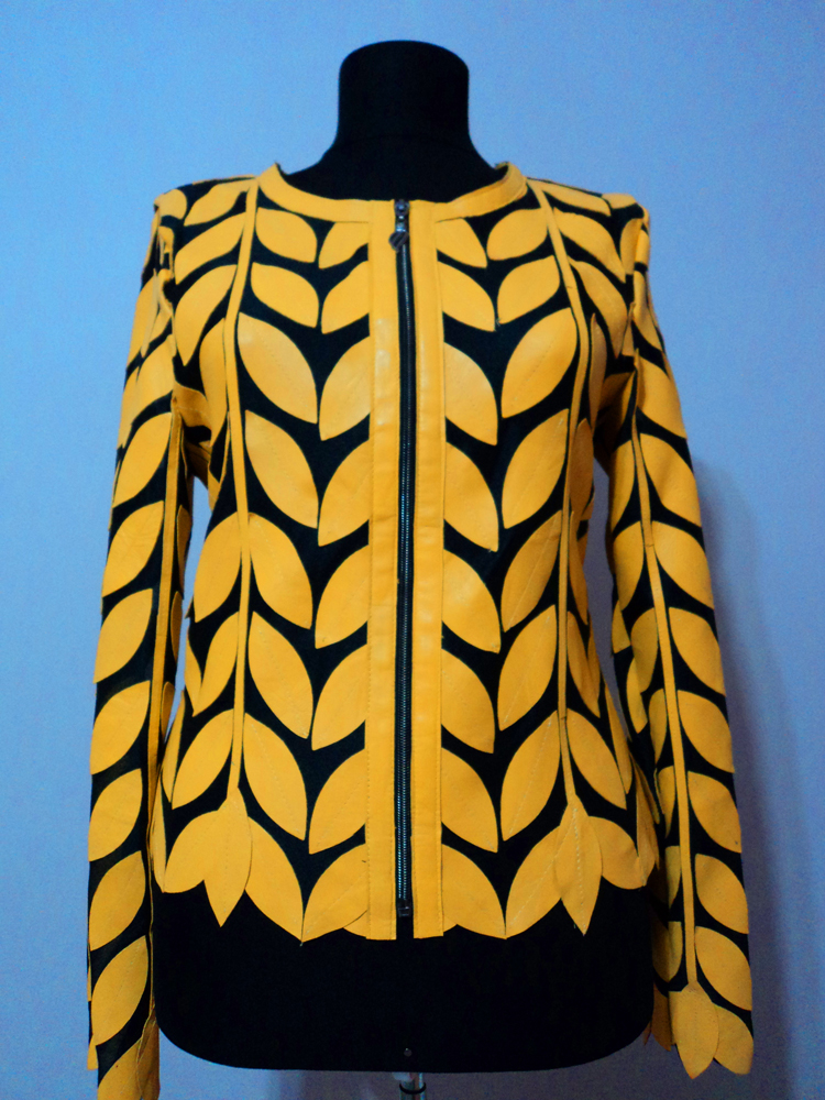 Yellow Leather Leaf Jacket for Women Round Neck Design 11 Genuine Short Zip Up Light Lightweight