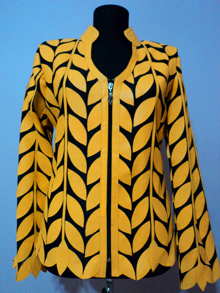 Yellow Leather Leaf Jacket for Women V Neck Design 08 Genuine Short Zip Up Light Lightweight