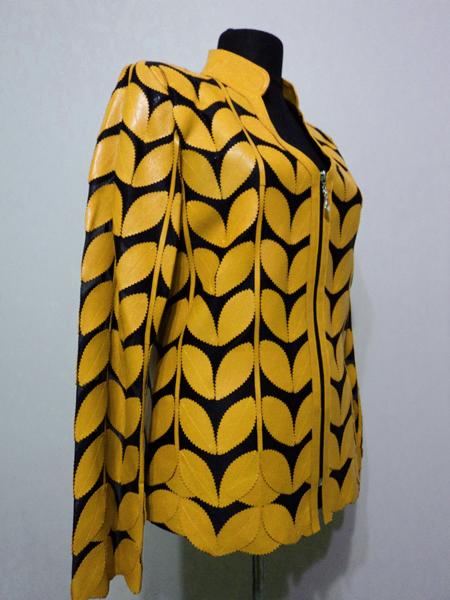 Yellow Leather Leaf Jacket for Women V Neck Design 09 Genuine Short Zip Up Light Lightweight