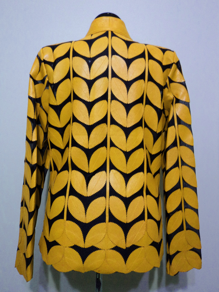 Yellow Leather Leaf Jacket for Women V Neck Design 09 Genuine Short Zip Up Light Lightweight