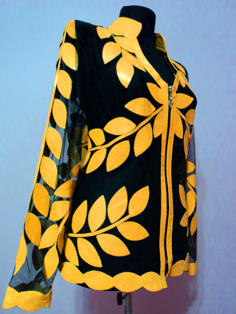 Yellow Leather Leaf Jacket for Women V Neck Design 10 Genuine Short Zip Up Light Lightweight